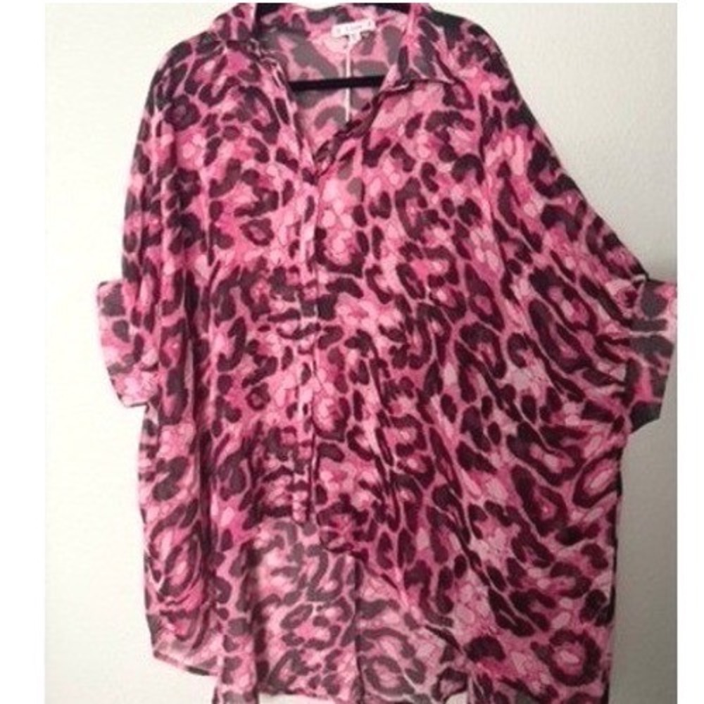 L Love Pink Leopard Print Sheer Button Up Blouse Tunic Top